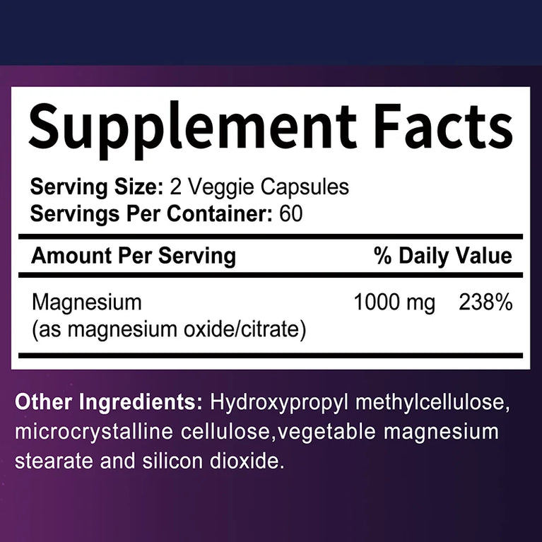 Magnesium Citrate 1000mg β Maximum Absorption for Muscle, Nerve & Heart Health
