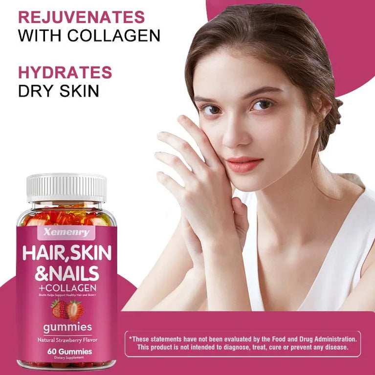 Hair, Skin & Nails + Collagen Gummies – Healthy Skin, Hair, Nails & Joint Support – 60 Gummies