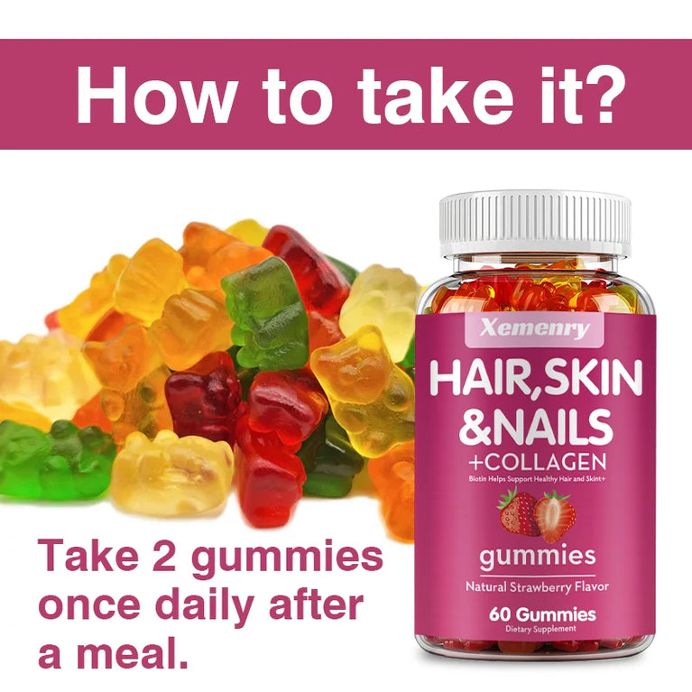 Hair, Skin & Nails + Collagen Gummies – Healthy Skin, Hair, Nails & Joint Support – 60 Gummies