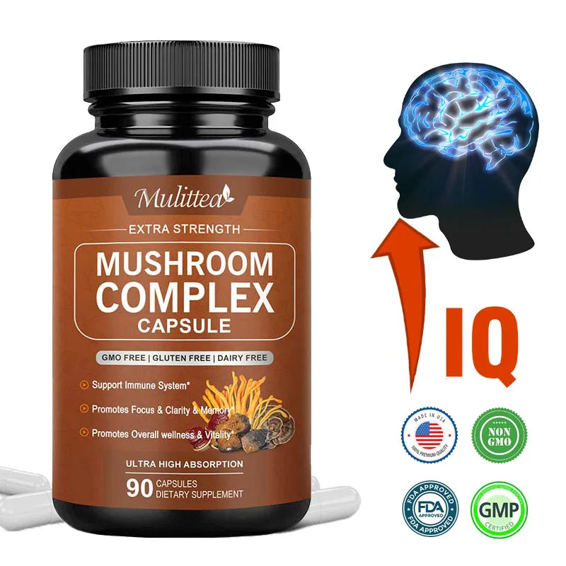 Mulittea 10X Mushroom Complex – Brain Boost & Stress Relief Capsules 🍄🧠✨
