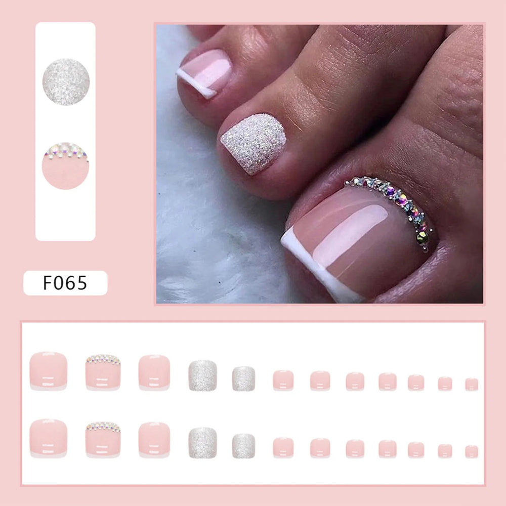 💎 French False Toe Nails with Faux Diamonds – Stick-On Gel Toenail Kit for Glam DIY Pedicure 💅
