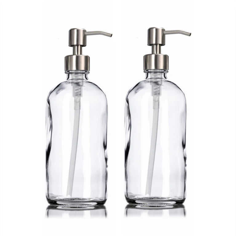 Clear Glass Soap Dispenser Set – 2pcs, 16oz with Matte Black Stainless Steel Pump for Kitchen & Bathroom