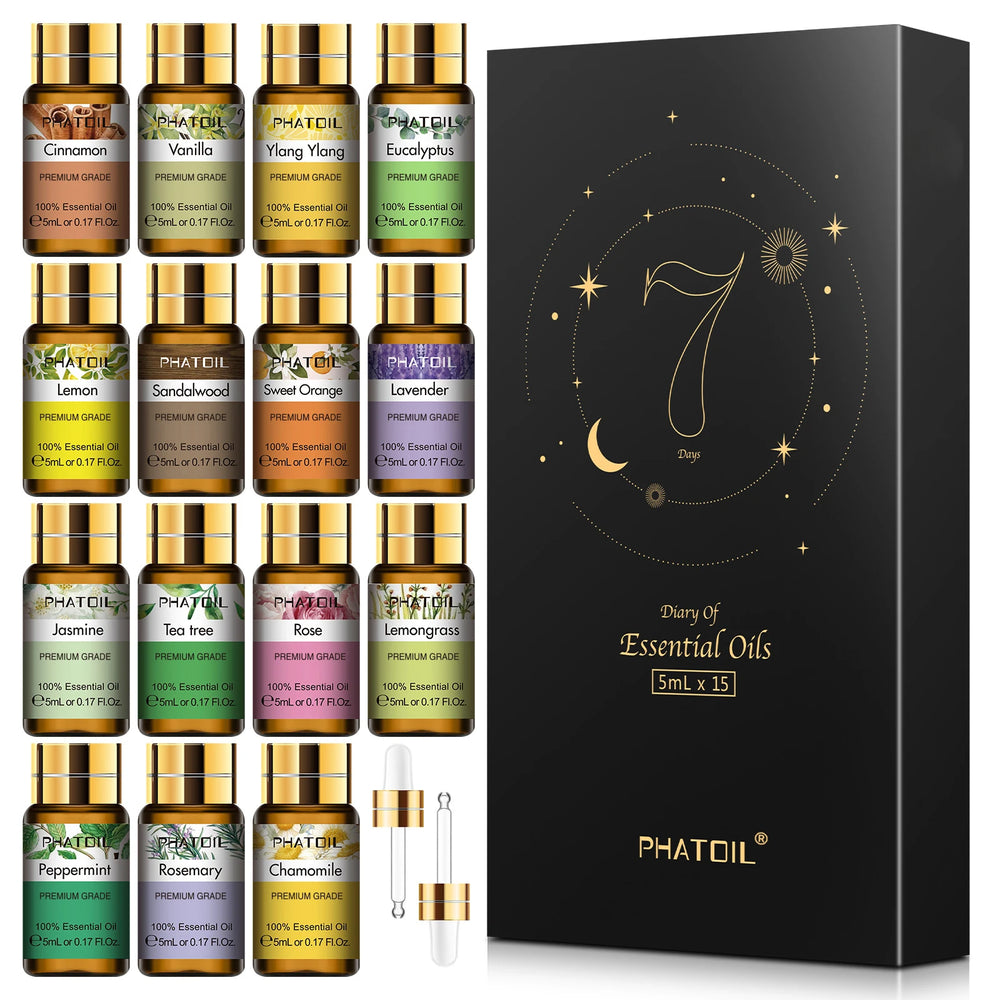PHATOIL Essential Oils Set – 15 Natural Plant Aromas for Diffusers – Includes Lavender, Tea Tree, Rose, Eucalyptus & More
