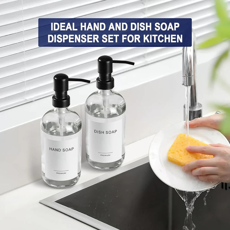 Clear Glass Soap Dispenser Set – 2pcs, 16oz with Matte Black Stainless Steel Pump for Kitchen & Bathroom