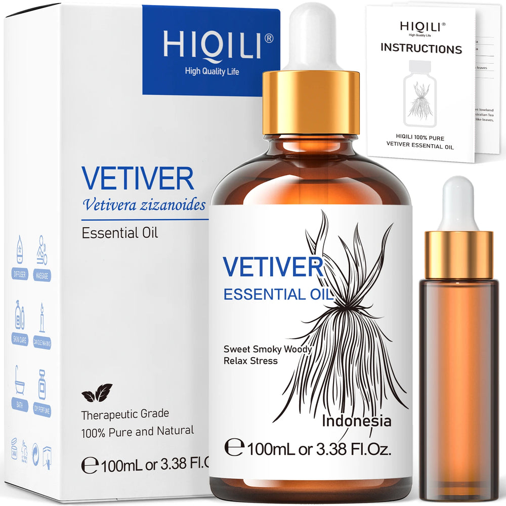 HIQILI 100ML Vetiver Essential Oil – 100% Pure & Natural for Relaxation, Aromatherapy & Skincare 🌿✨