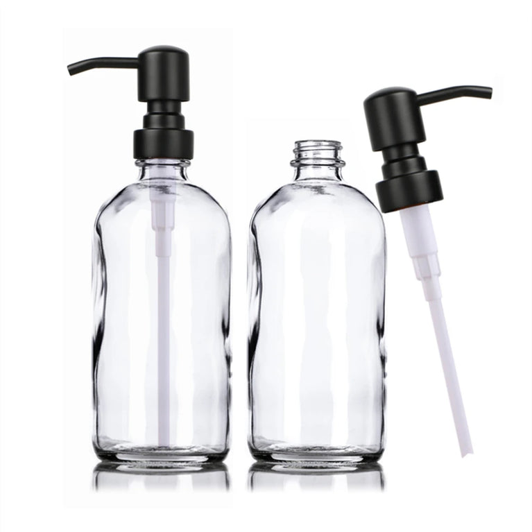 Clear Glass Soap Dispenser Set – 2pcs, 16oz with Matte Black Stainless Steel Pump for Kitchen & Bathroom
