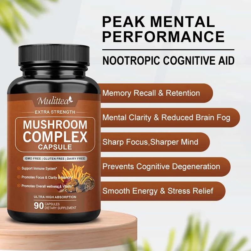 Mulittea 10X Mushroom Complex – Brain Boost & Stress Relief Capsules 🍄🧠✨