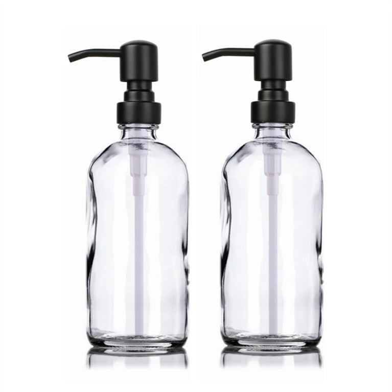 Clear Glass Soap Dispenser Set – 2pcs, 16oz with Matte Black Stainless Steel Pump for Kitchen & Bathroom