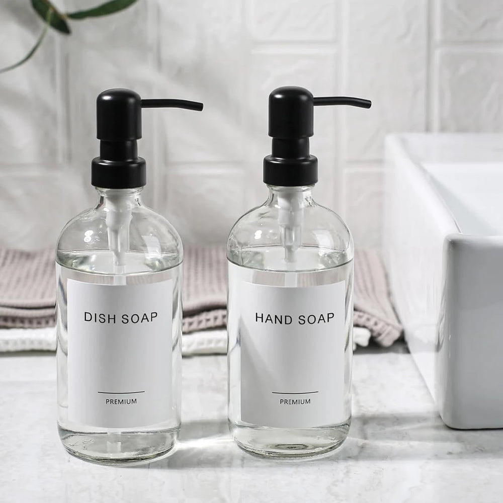 Clear Glass Soap Dispenser Set – 2pcs, 16oz with Matte Black Stainless Steel Pump for Kitchen & Bathroom