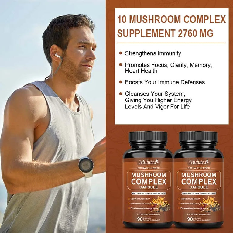 Mulittea 10X Mushroom Complex – Brain Boost & Stress Relief Capsules 🍄🧠✨