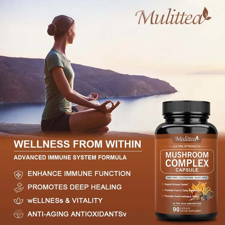 Mulittea 10X Mushroom Complex – Brain Boost & Stress Relief Capsules 🍄🧠✨