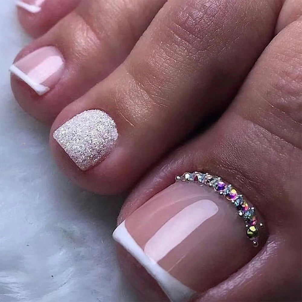 💎 French False Toe Nails with Faux Diamonds – Stick-On Gel Toenail Kit for Glam DIY Pedicure 💅